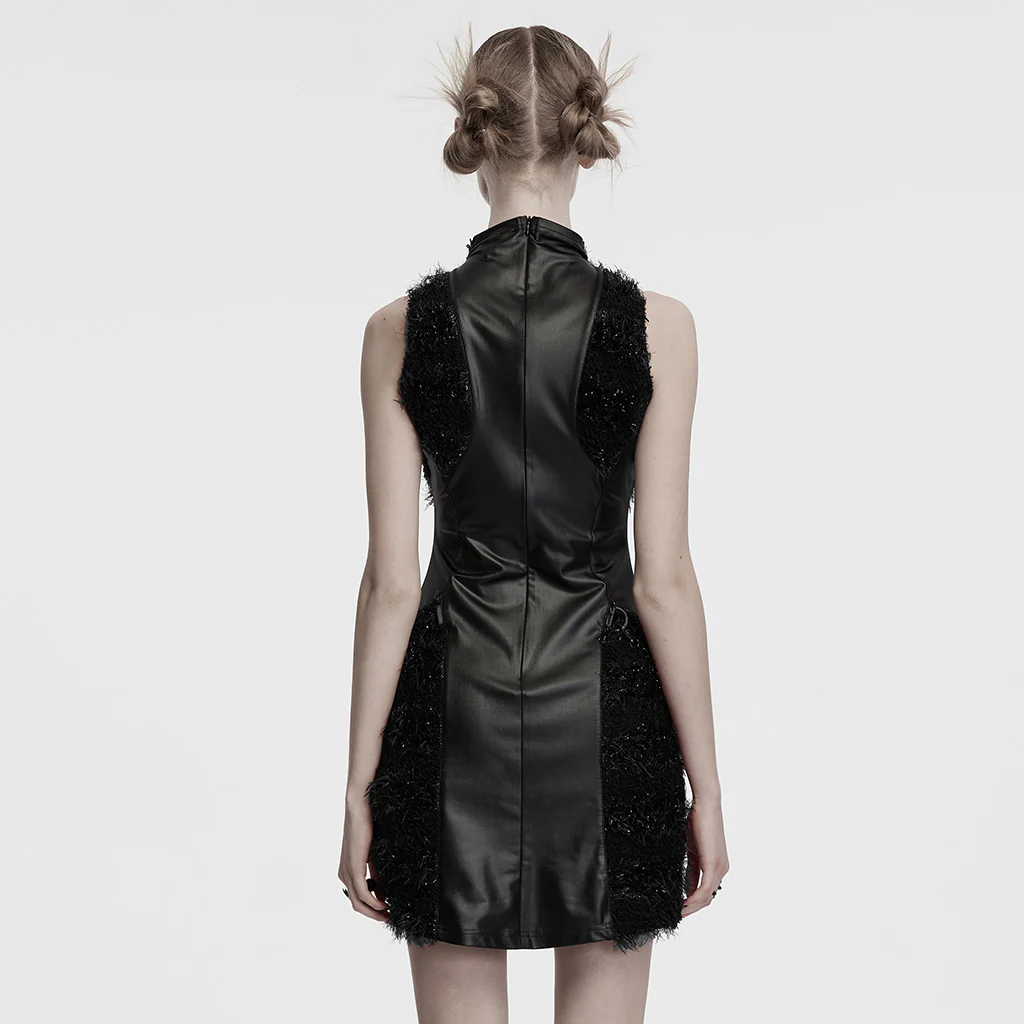 OQ-852LQF Gothic Moon Texture Punk Dress Edgy Black Fashion Statement Gothic Moon Embellished Fuzzy Sleeveless Punk Dresses Gothic Moon Punk Dresses Textured Sleeveless Black Mini Dress - Image 4