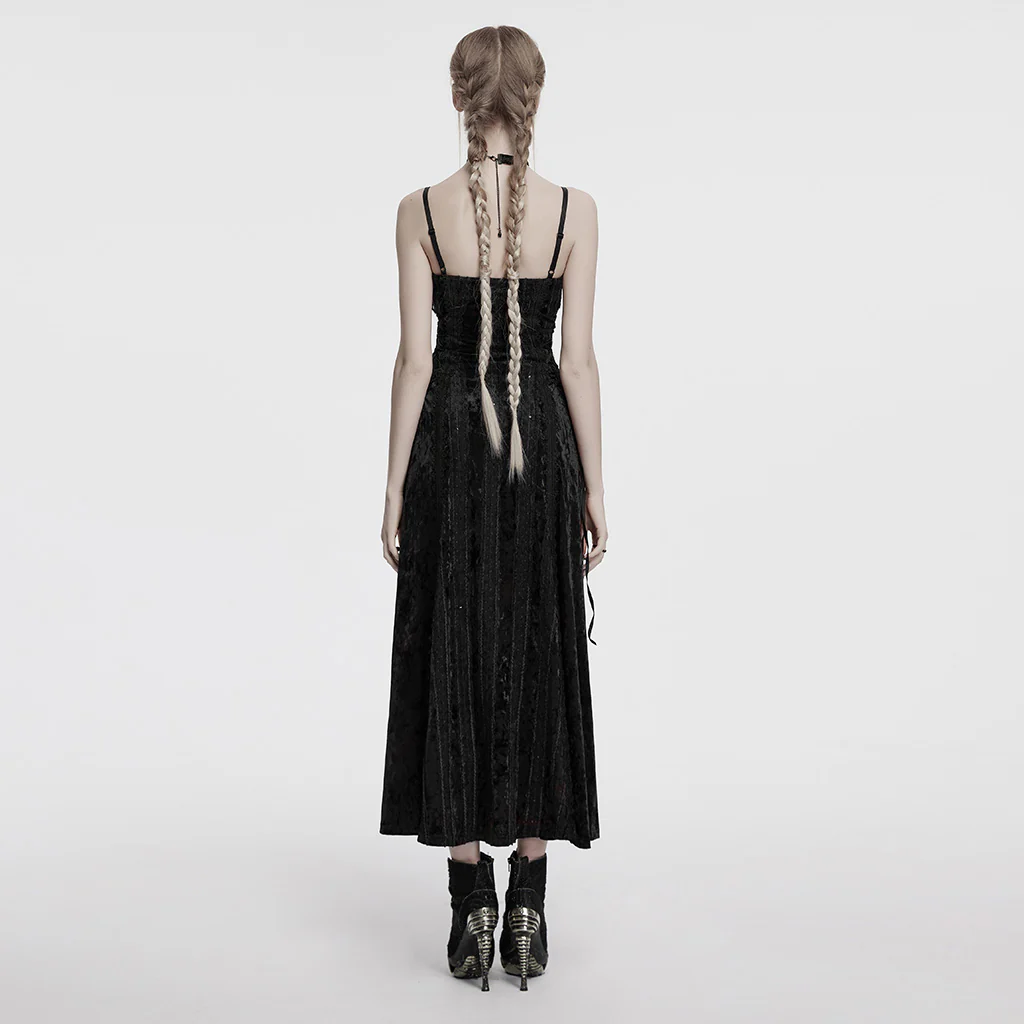 OQ-856LQF Luxury Gothic Dress Spaghetti Straps Velvet Long Black Gown - Image 4