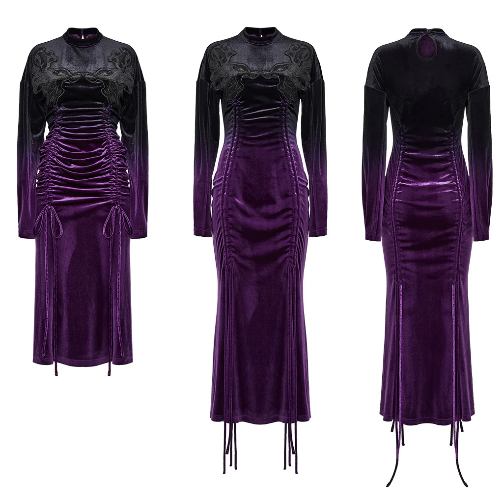 OQ-857LQF Gothic Dress Purple Velvet Ruched Long Sleeve Midi Dress - Image 6