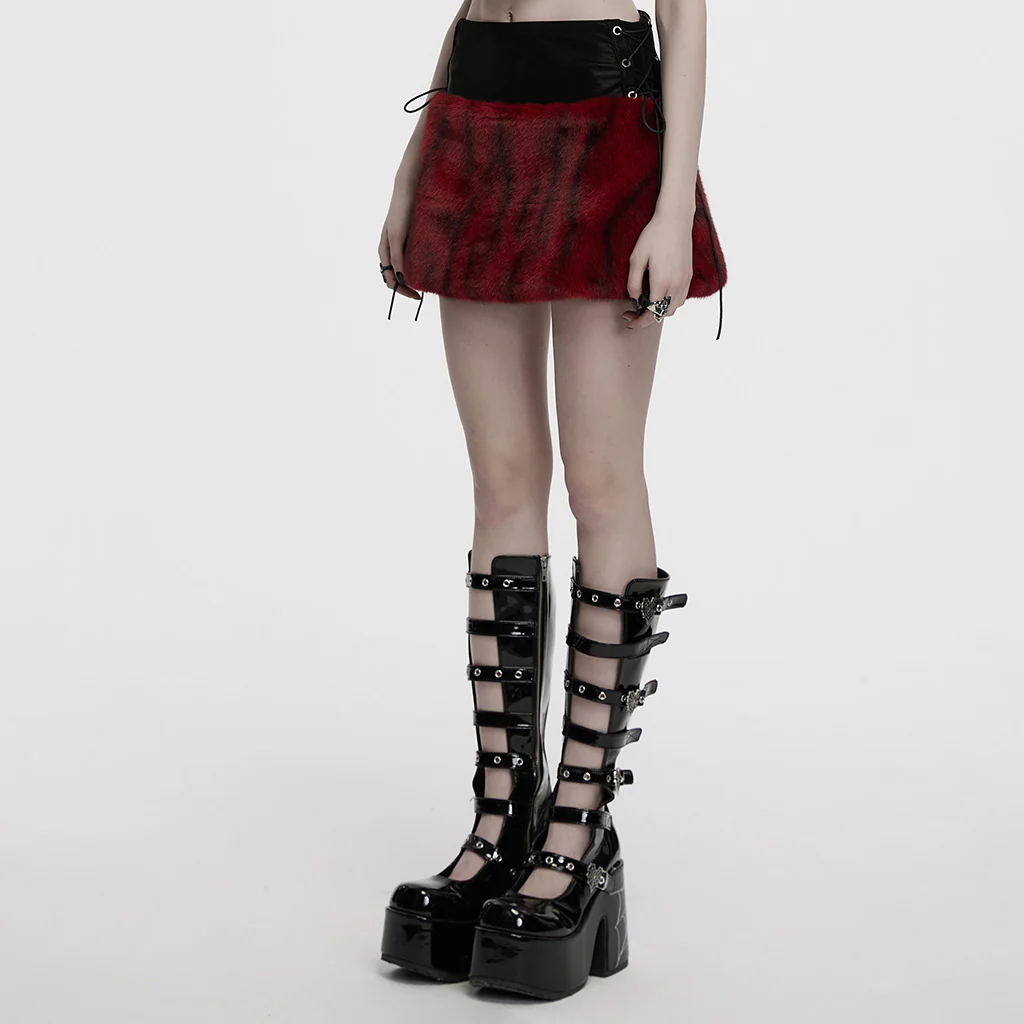 OQ-871BQF Edgy Faux Fur Leather Mini Punk Skirt Bold Goth Style - Image 4