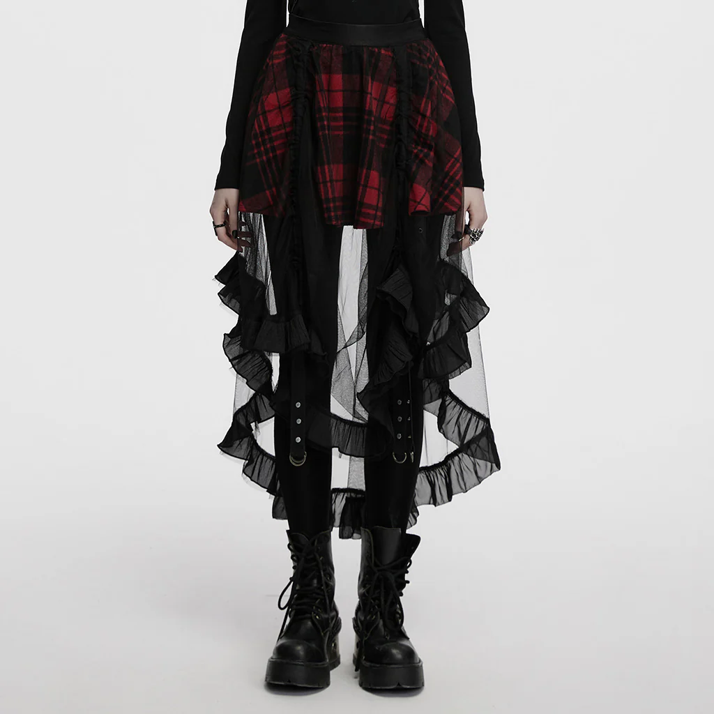 OQ-873BQF Gothic Tartan High-Low Punk Skirt with Sheer Ruffle Layers - Image 3