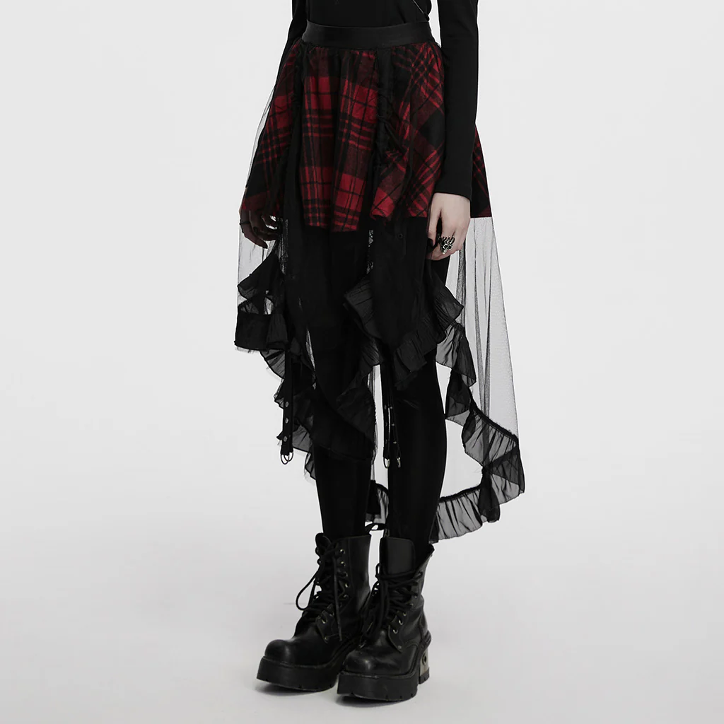 OQ-873BQF Gothic Tartan High-Low Punk Skirt with Sheer Ruffle Layers - Image 4