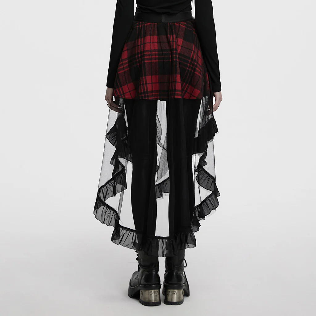 OQ-873BQF Gothic Tartan High-Low Punk Skirt with Sheer Ruffle Layers - Image 5