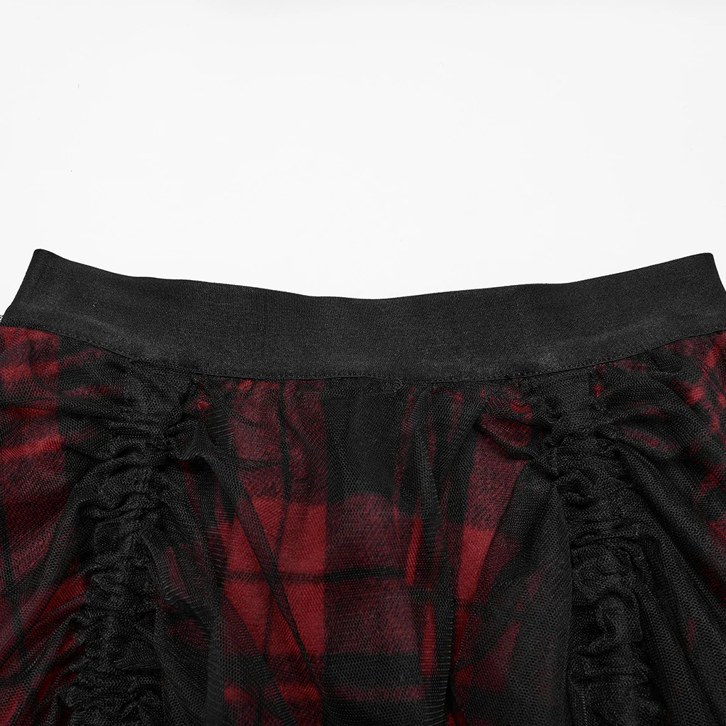 OQ-873BQF Gothic Tartan High-Low Punk Skirt with Sheer Ruffle Layers - Image 7