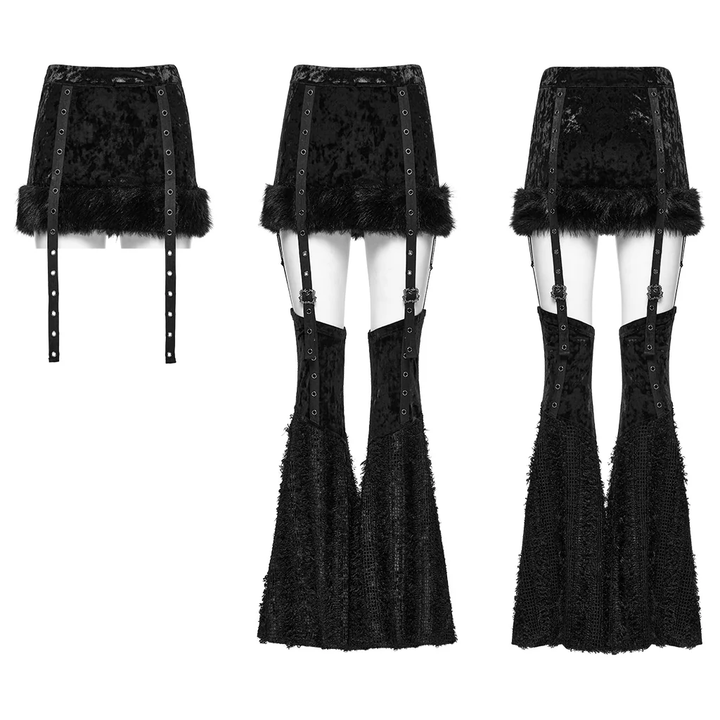OQ-921BQF Gothic Punk Skirt with Ruffle Hem Straps and Flared Pants Edgy Punk Skirt with Adjustable Straps and Faux Fur Trim Punk Pants Flared Black Velvet Strap Design - Image 6