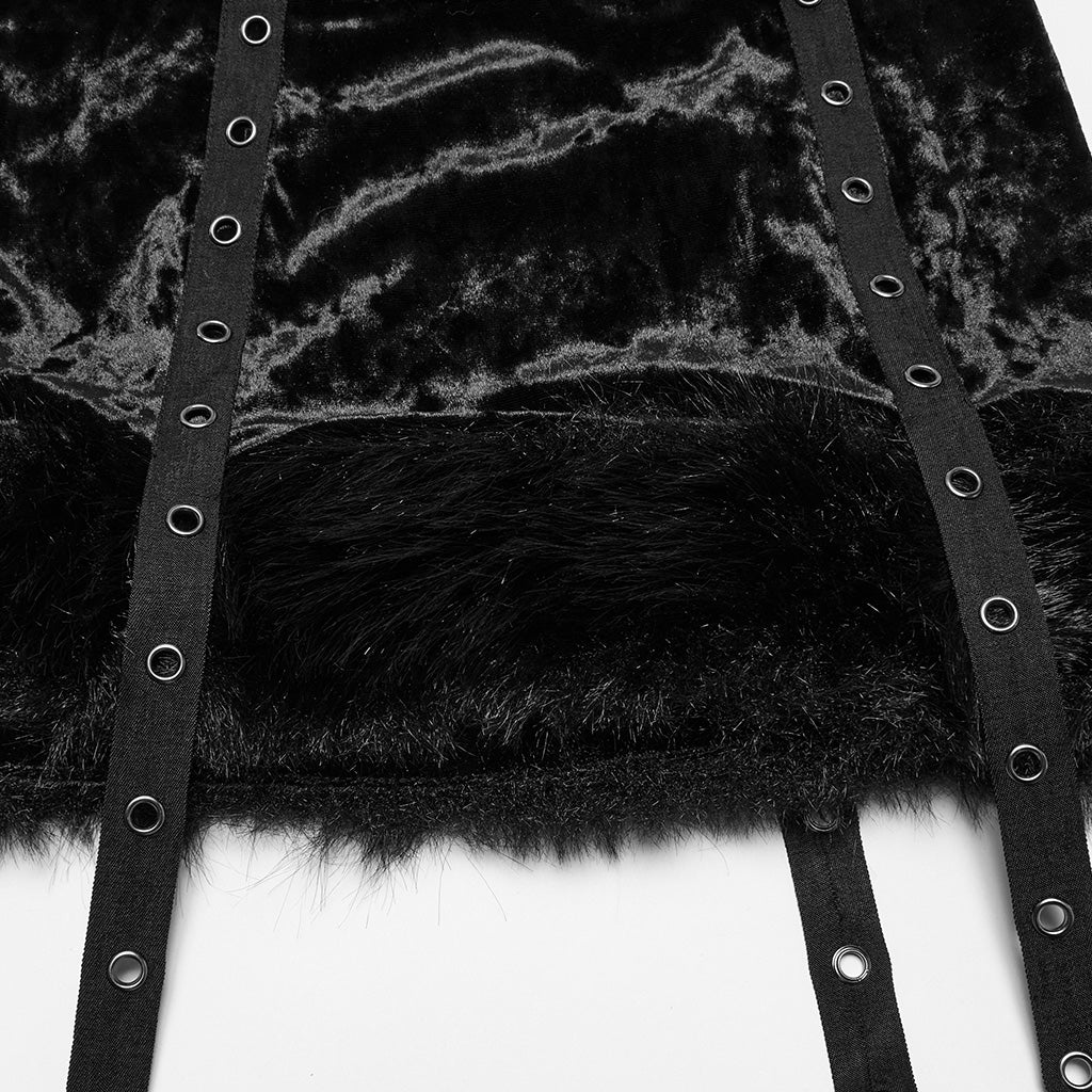 OQ-921BQF Gothic Punk Skirt with Ruffle Hem Straps and Flared Pants Edgy Punk Skirt with Adjustable Straps and Faux Fur Trim Punk Pants Flared Black Velvet Strap Design - Image 8