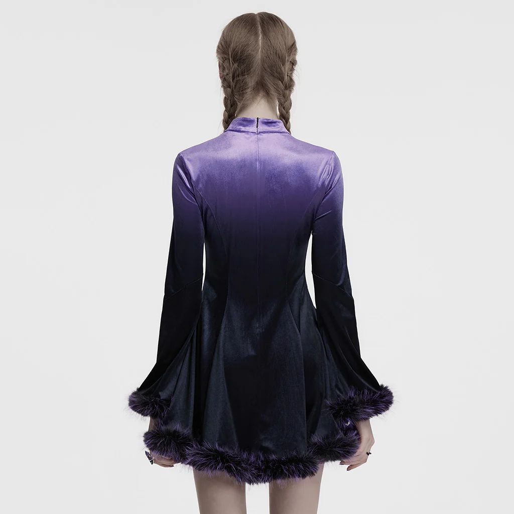OQ-928LQF Gothic Dress Velvet Maroon Bell Sleeve Fur Trim Hem Velvet Gothic Dress with Faux Fur Cuffs and Hemline Trim Velvet Flare Gothic Dress with Fur Trim Elegant Style - Image 13