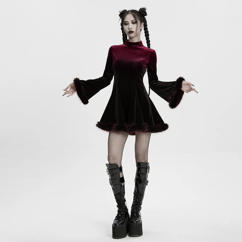 OQ-928LQF Gothic Dress Velvet Maroon Bell Sleeve Fur Trim Hem Velvet Gothic Dress with Faux Fur Cuffs and Hemline Trim Velvet Flare Gothic Dress with Fur Trim Elegant Style - Image 5