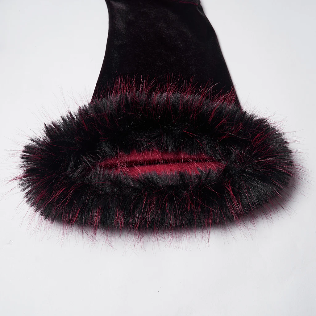 OQ-928LQF Gothic Dress Velvet Maroon Bell Sleeve Fur Trim Hem Velvet Gothic Dress with Faux Fur Cuffs and Hemline Trim Velvet Flare Gothic Dress with Fur Trim Elegant Style - Image 8