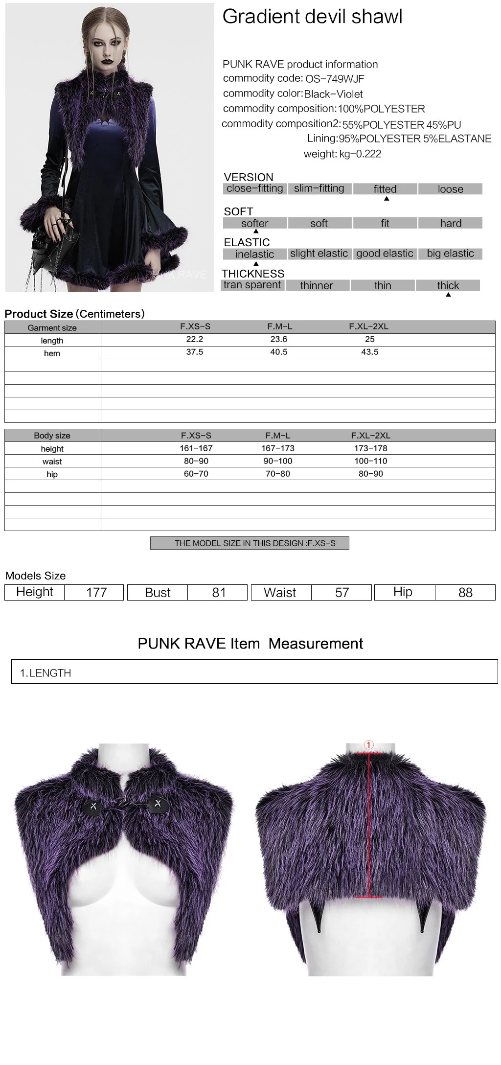 OS-749WJF Gothic Faux Fur Shoulder Cape Punk Accessories Purple Statement - Image 41