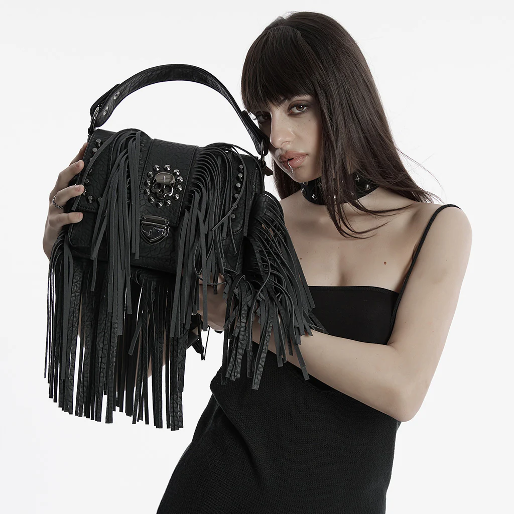OS-757BBF Fringe Studded Leather Punk Accessories Backpack with Handle - Image 3