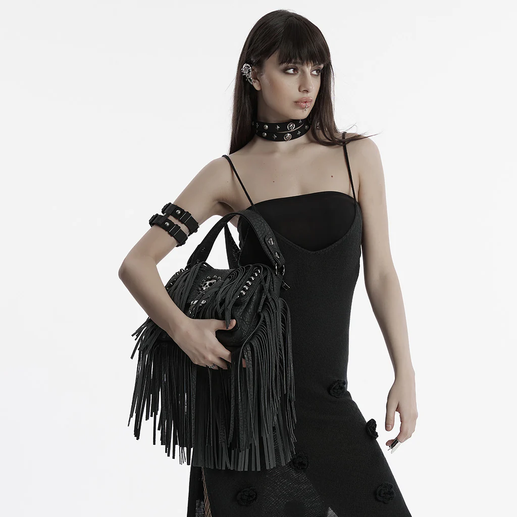OS-757BBF Fringe Studded Leather Punk Accessories Backpack with Handle - Image 5
