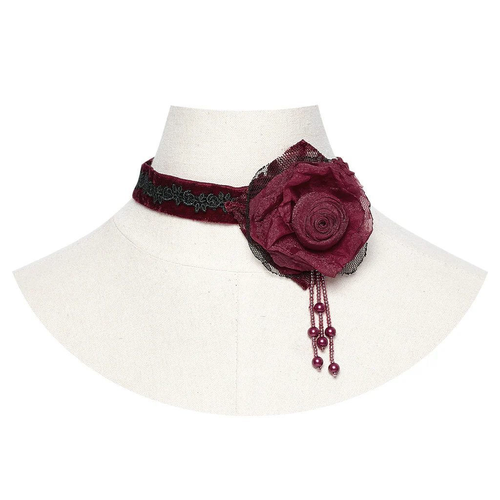 OS-760LHF Gothic Accessories Velvet Choker Rose Lace Beads Elegant Statement