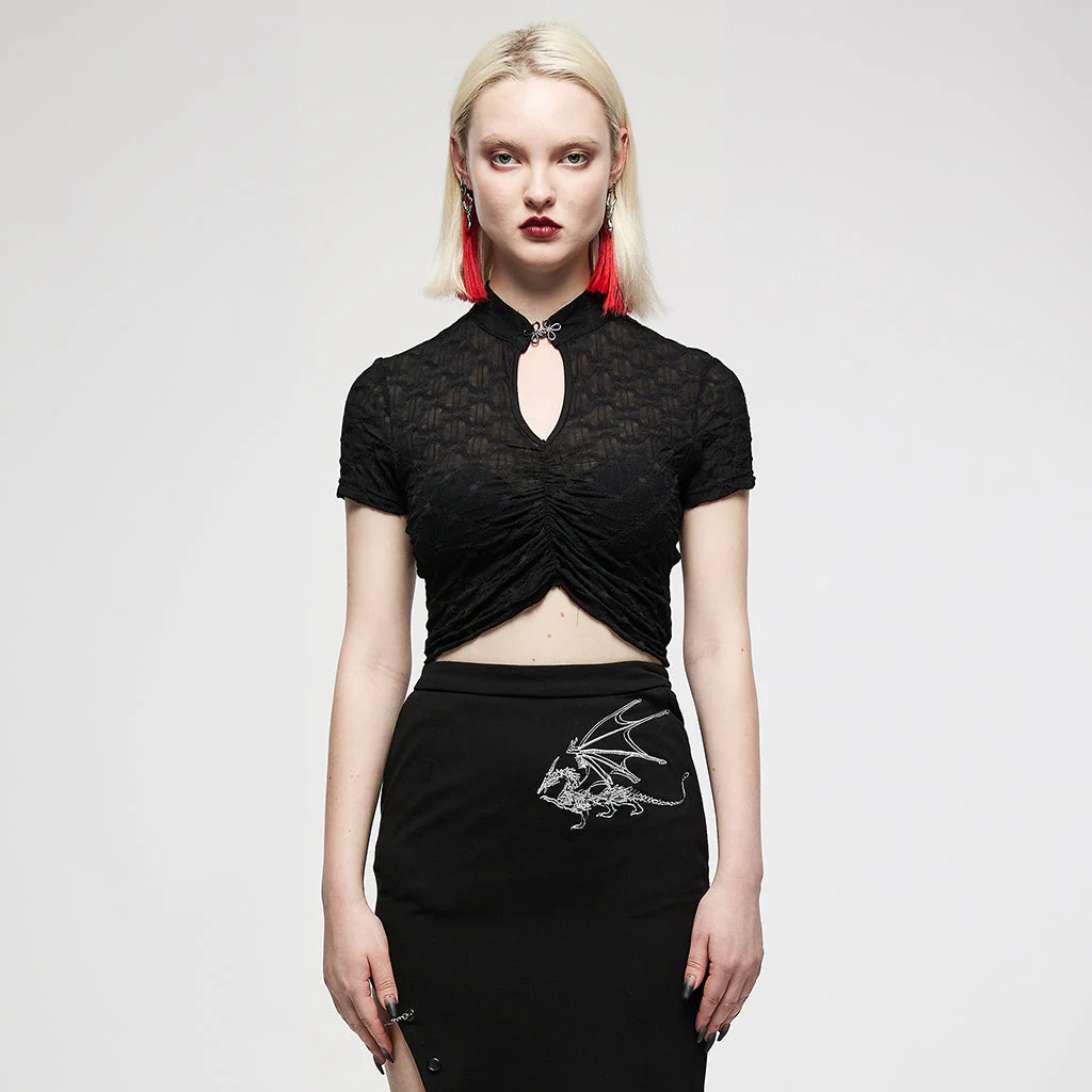 OT-007TDF Edgy Keyhole Cropped Punk T-Shirts with Textured Pattern Design - Image 12