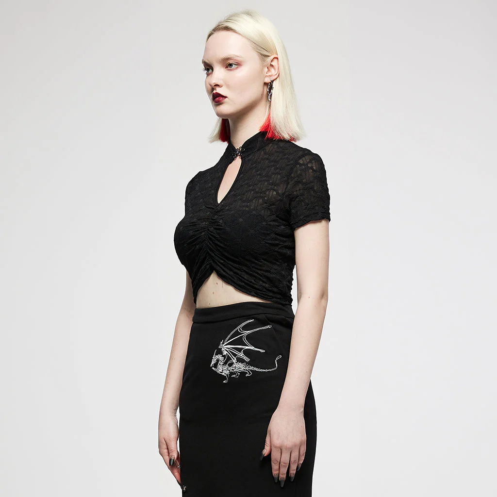 OT-007TDF Edgy Keyhole Cropped Punk T-Shirts with Textured Pattern Design - Image 13
