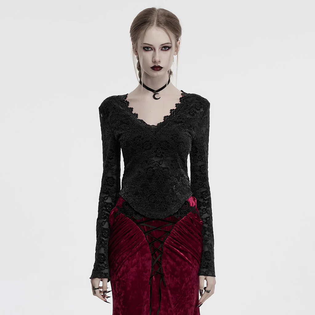 OT-1014TCF Gothic Shirts Lace Long Sleeve Velvet Top Red - Image 13