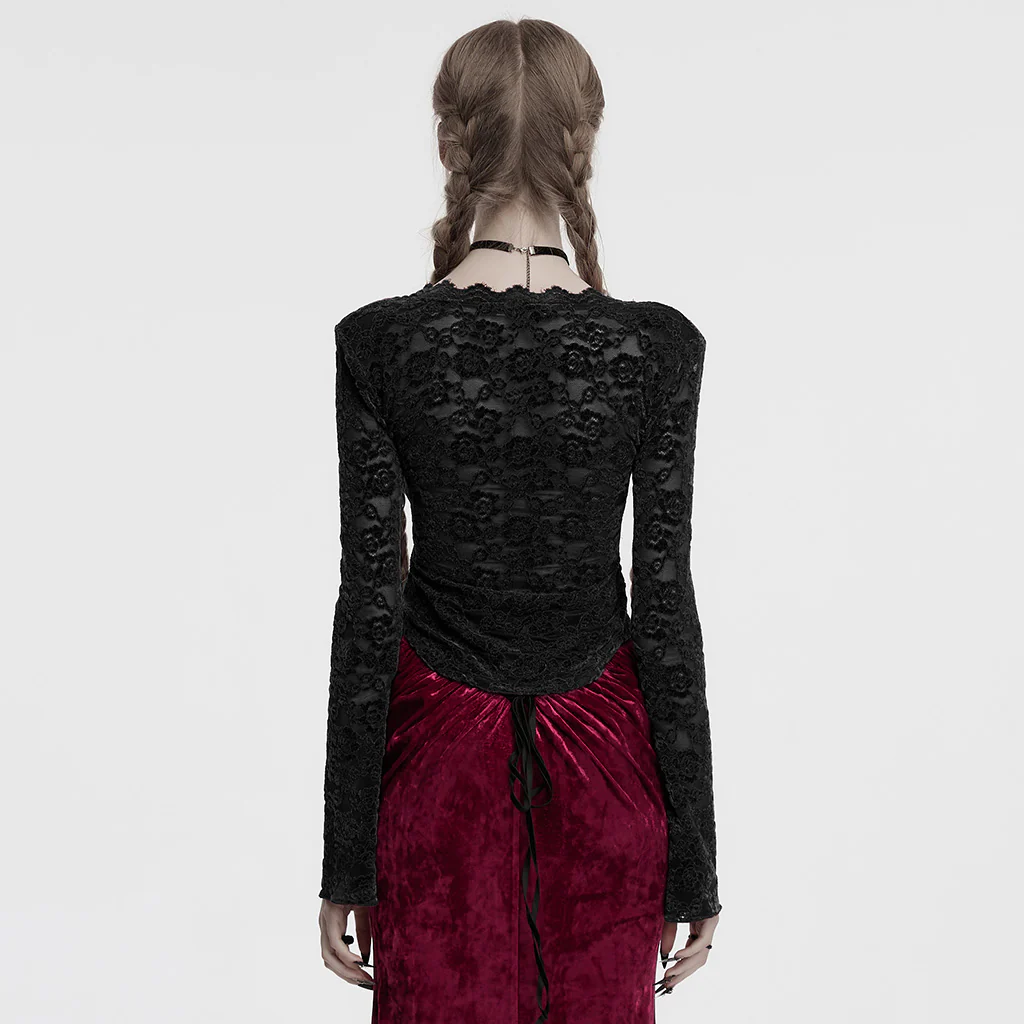 OT-1014TCF Gothic Shirts Lace Long Sleeve Velvet Top Red - Image 15