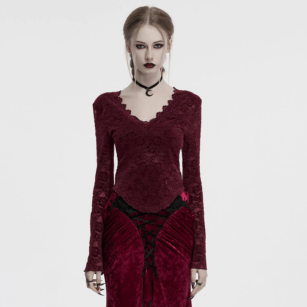 OT-1014TCF Gothic Shirts Lace Long Sleeve Velvet Top Red - Image 21