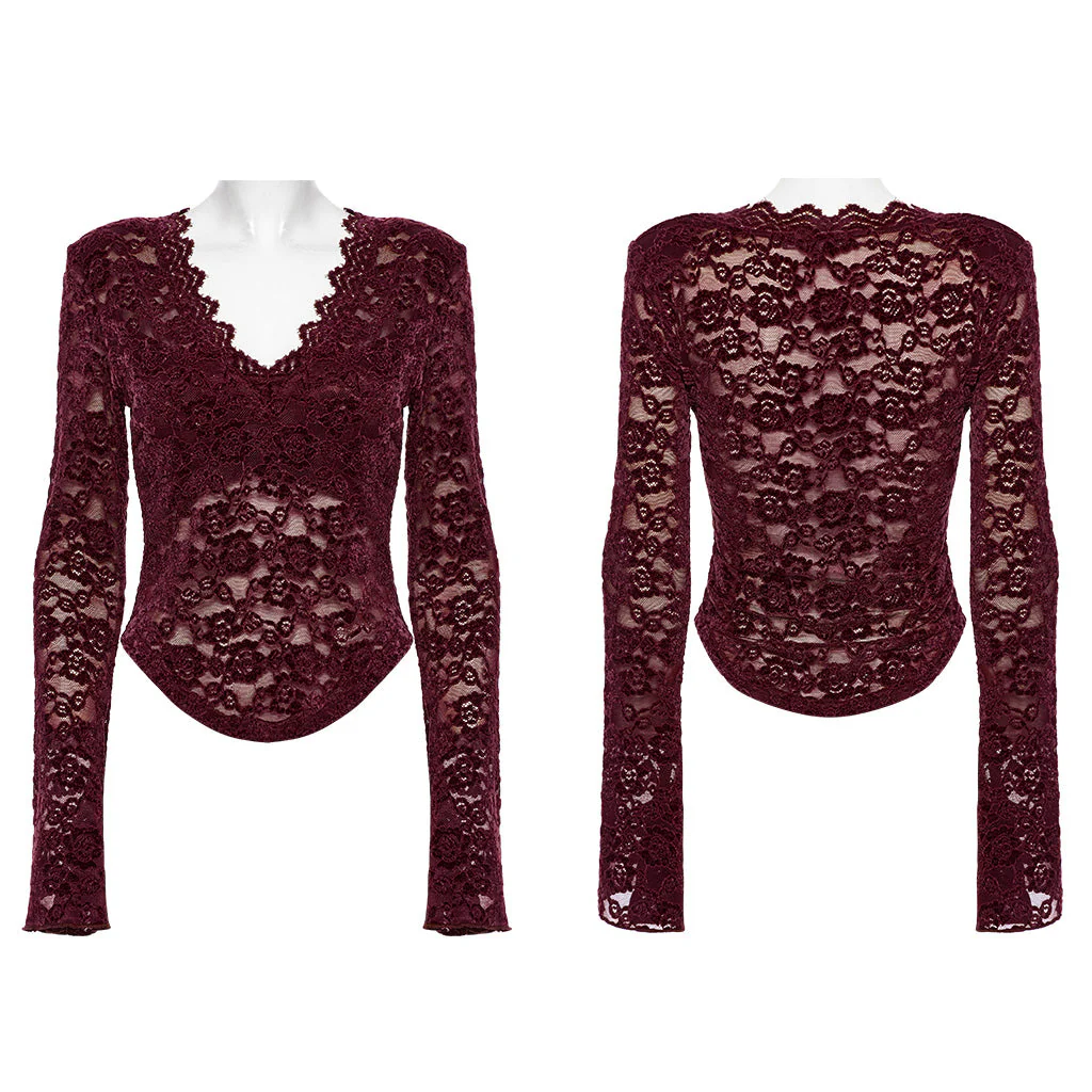 OT-1014TCF Gothic Shirts Lace Long Sleeve Velvet Top Red - Image 26