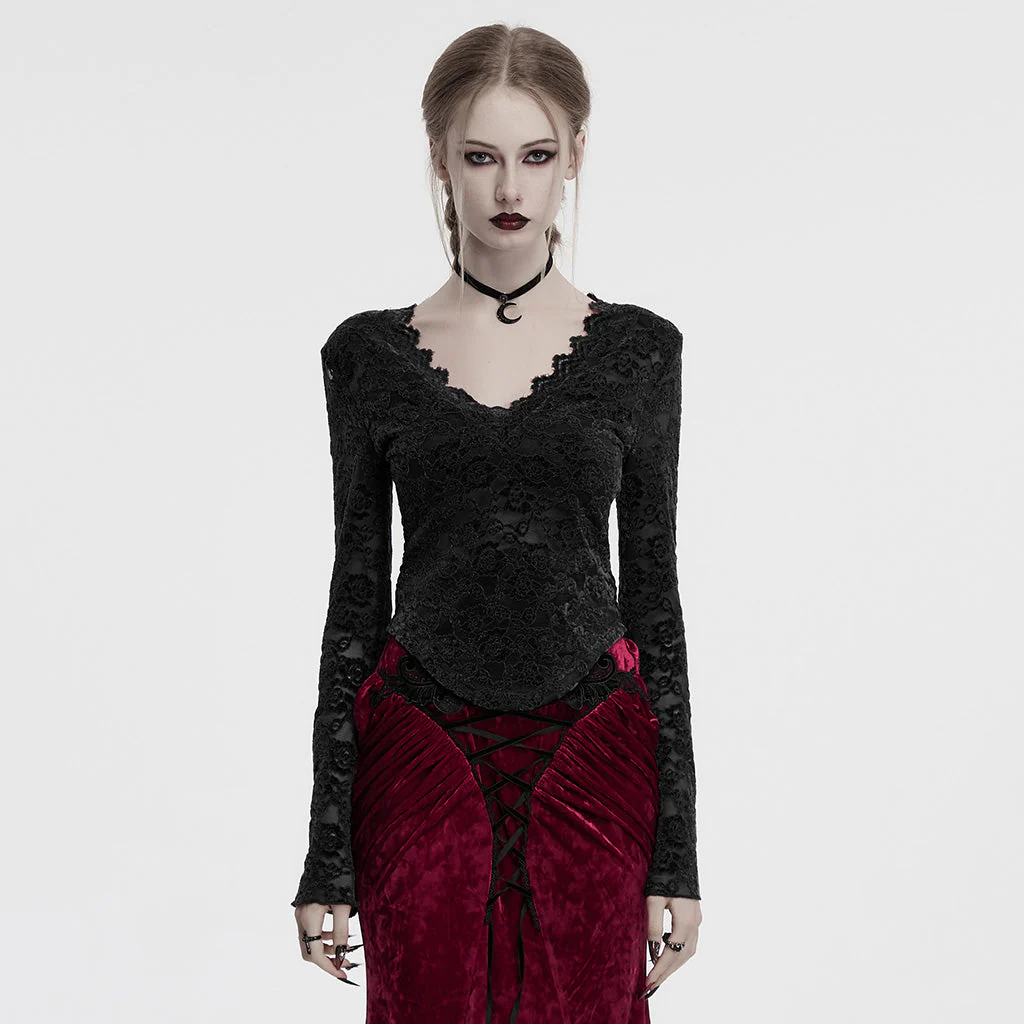 OT-1014TCF Gothic Shirts Lace Long Sleeve Velvet Top Red - Image 33