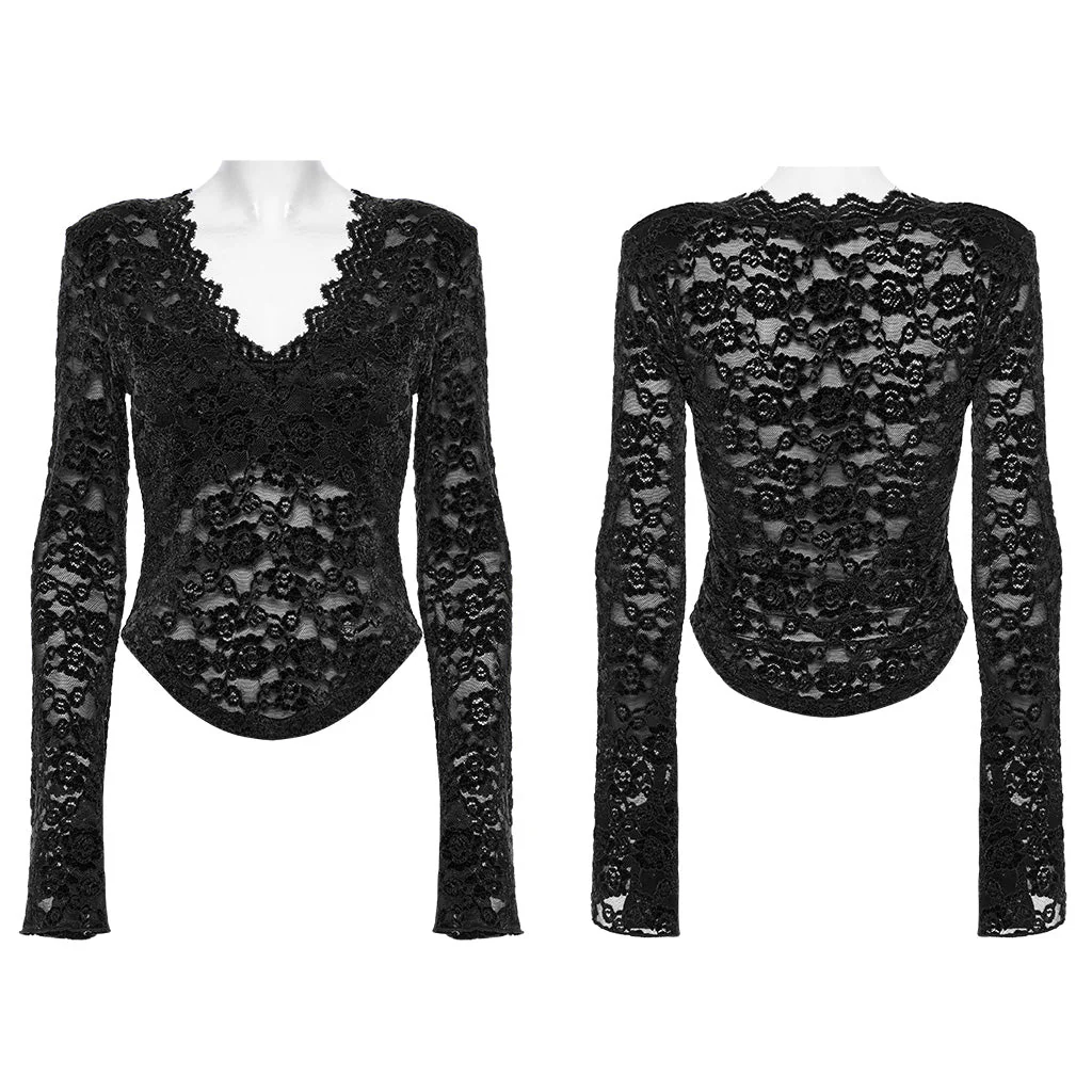OT-1014TCF Gothic Shirts Lace Long Sleeve Velvet Top Red - Image 36