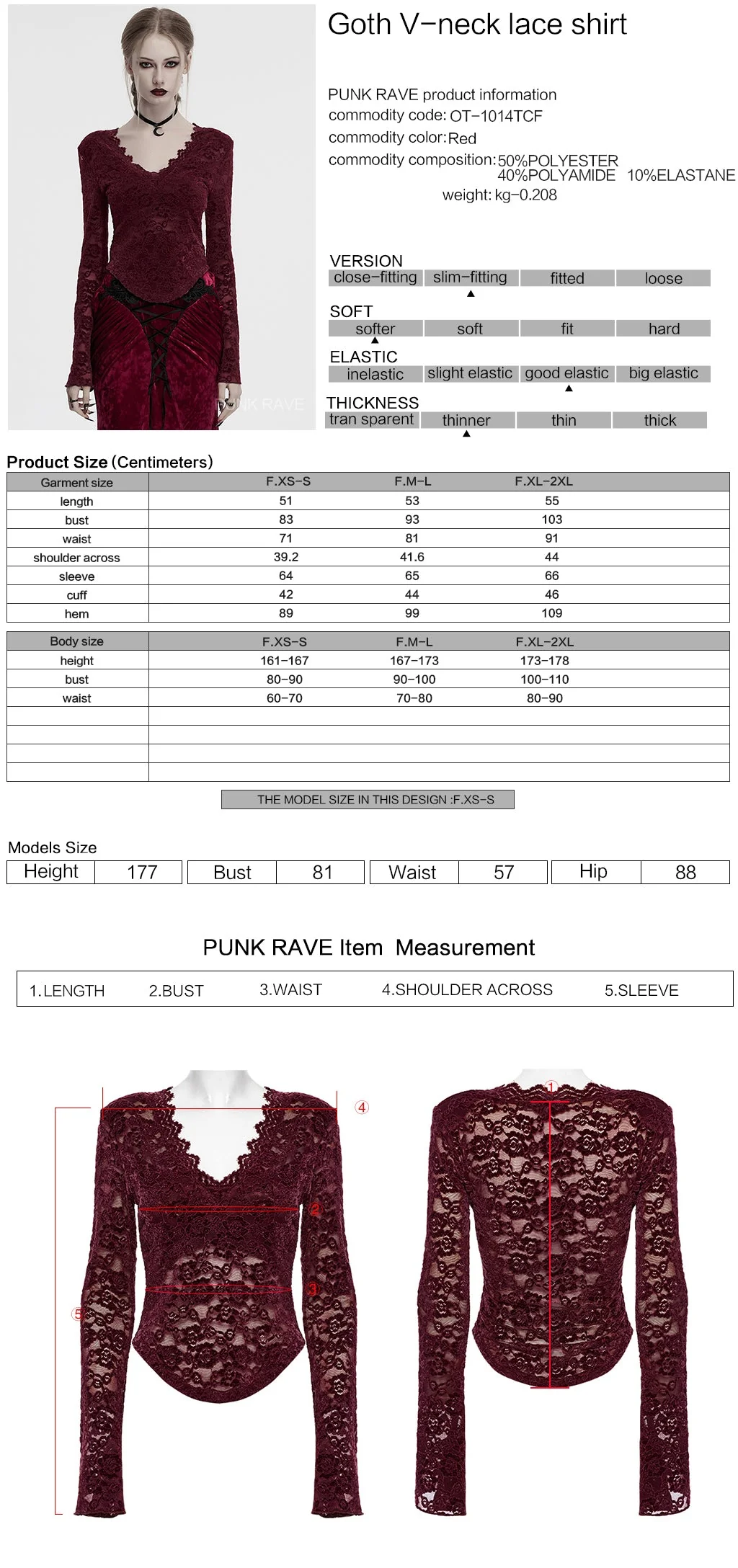 OT-1014TCF Gothic Shirts Lace Long Sleeve Velvet Top Red - Image 41