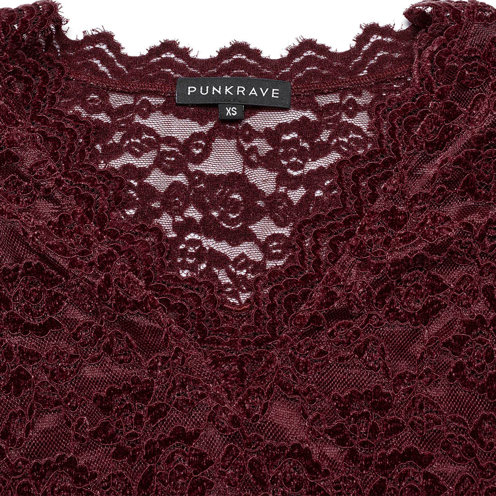 OT-1014TCF Gothic Shirts Lace Long Sleeve Velvet Top Red - Image 46