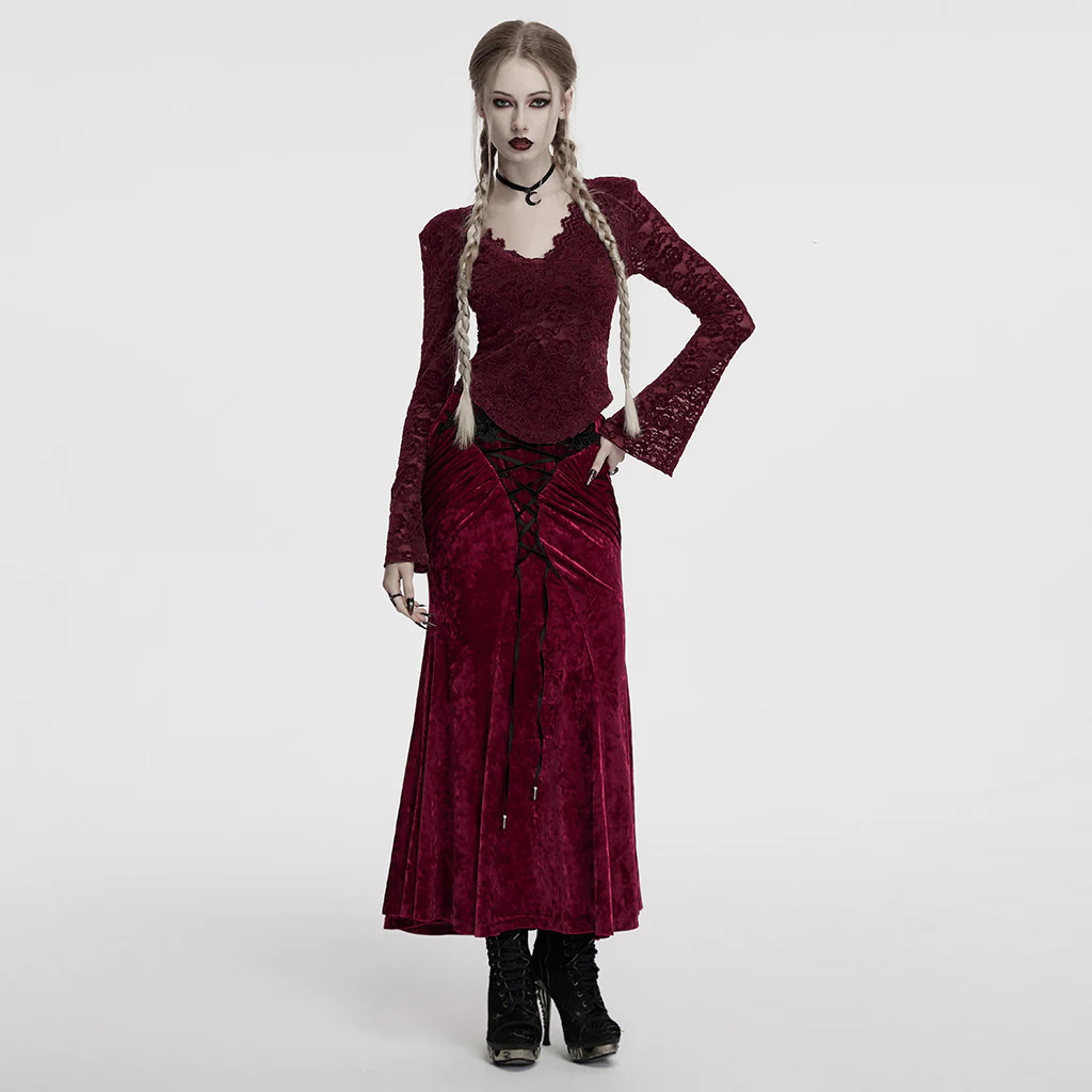 OT-1014TCF Gothic Shirts Lace Long Sleeve Velvet Top Red - Image 5