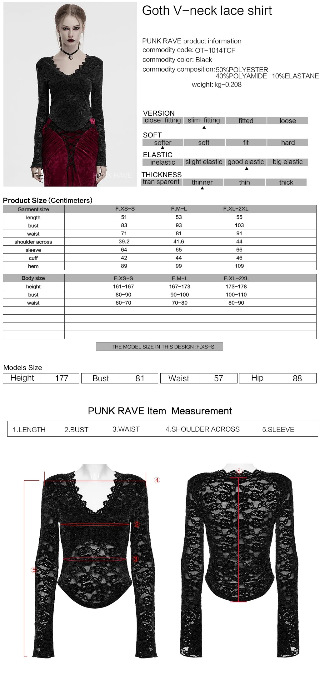 OT-1014TCF Gothic Shirts Lace Long Sleeve Velvet Top Red - Image 50