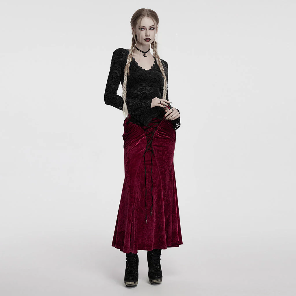 OT-1014TCF Gothic Shirts Lace Long Sleeve Velvet Top Red - Image 55
