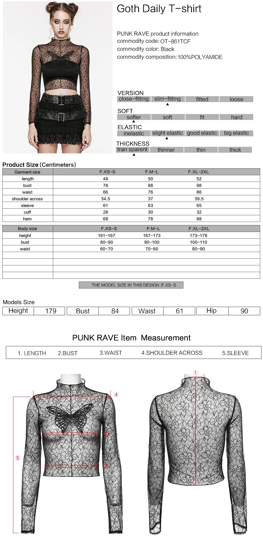 OT-861TCF Sheer Lace Gothic T-Shirts Mesh Long Sleeve Top - Image 19