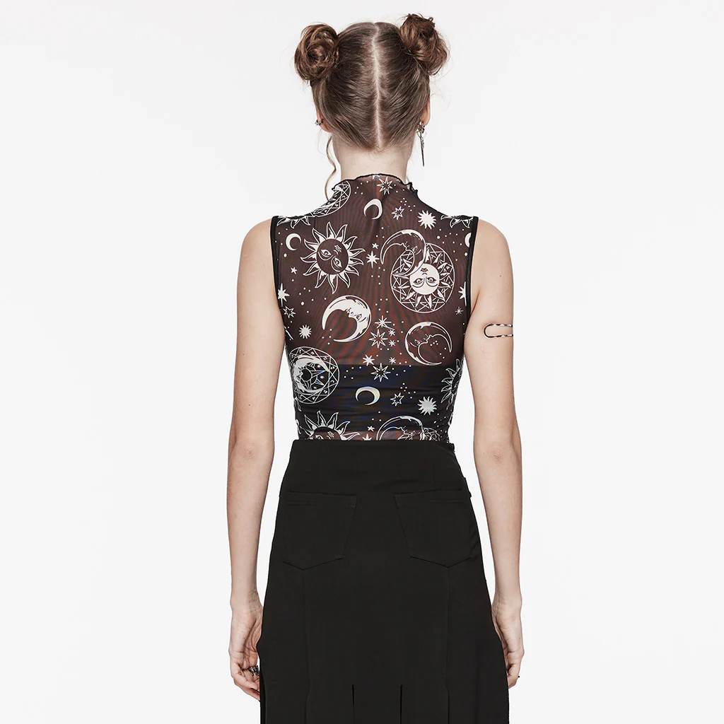 OT-873TDF Gothic T-Shirts Sheer Celestial Moon Stars High Neck Top - Image 4
