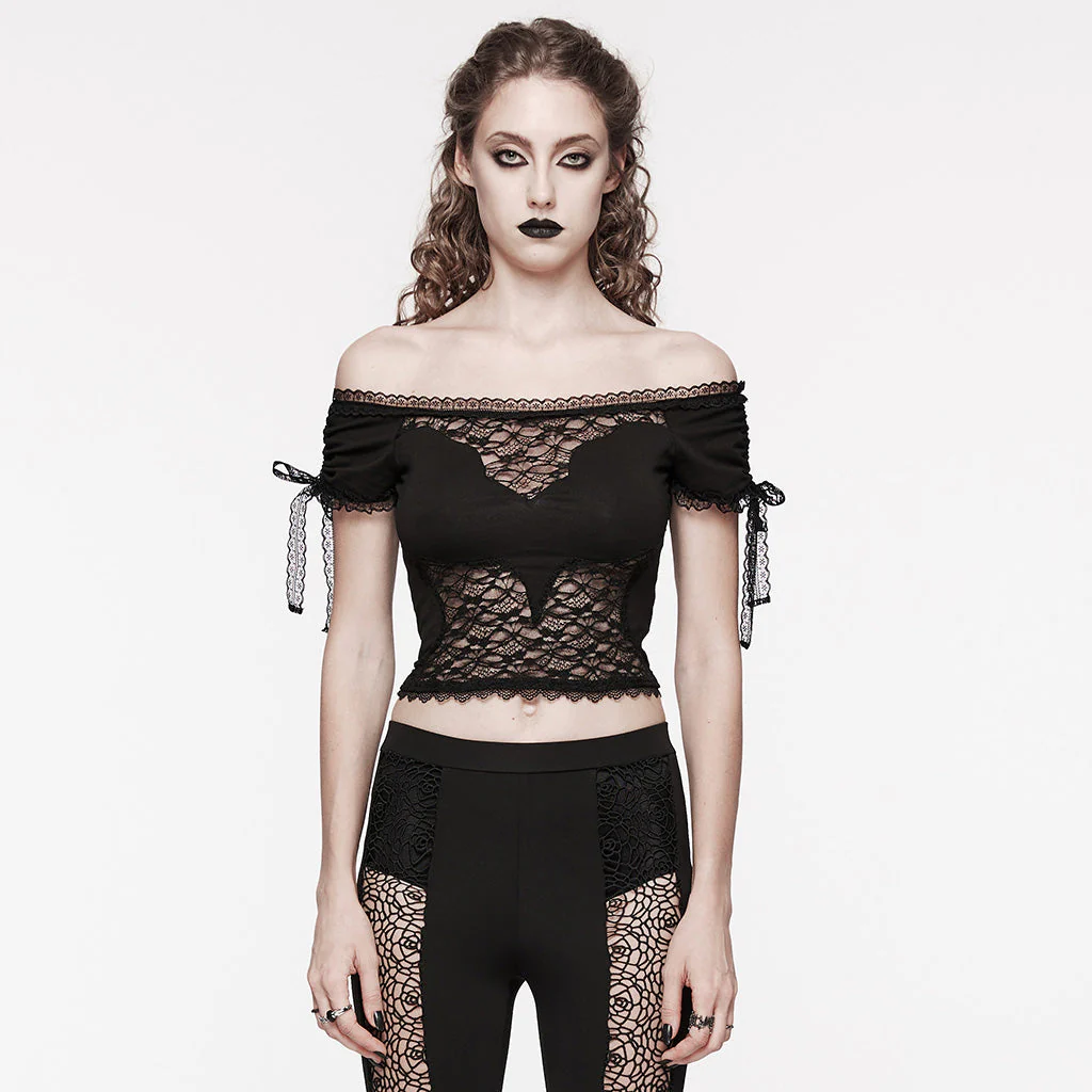 OT-874TDF Gothic Shirts Off-Shoulder Lace Patchwork Cropped Top Elegant - Image 11