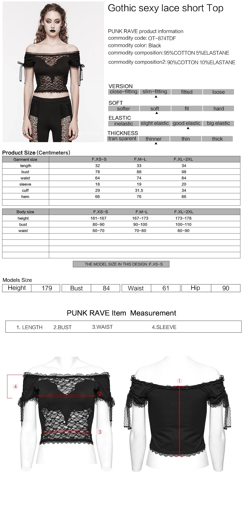 OT-874TDF Gothic Shirts Off-Shoulder Lace Patchwork Cropped Top Elegant - Image 12