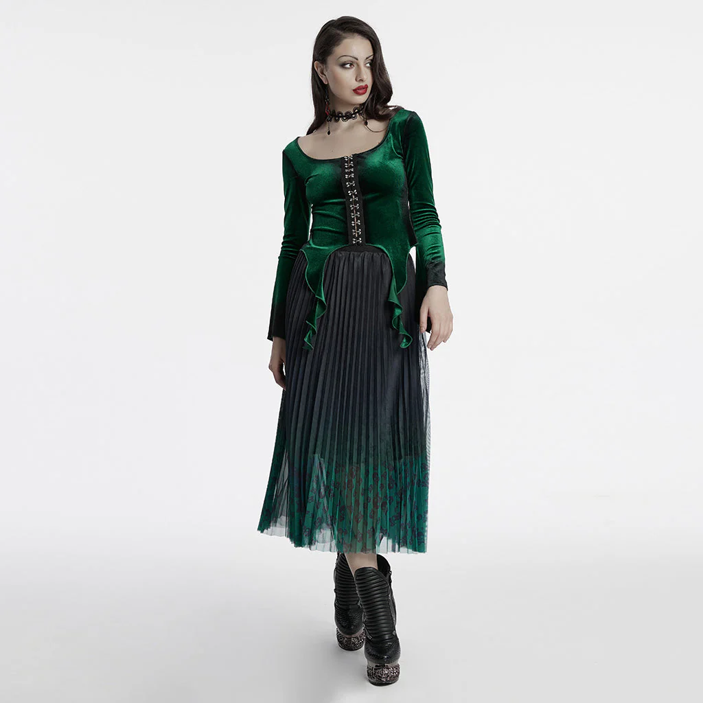 OT-949DQF Velvet Gothic Shirts Green Corset Style Long Sleeve Blouse - Image 118
