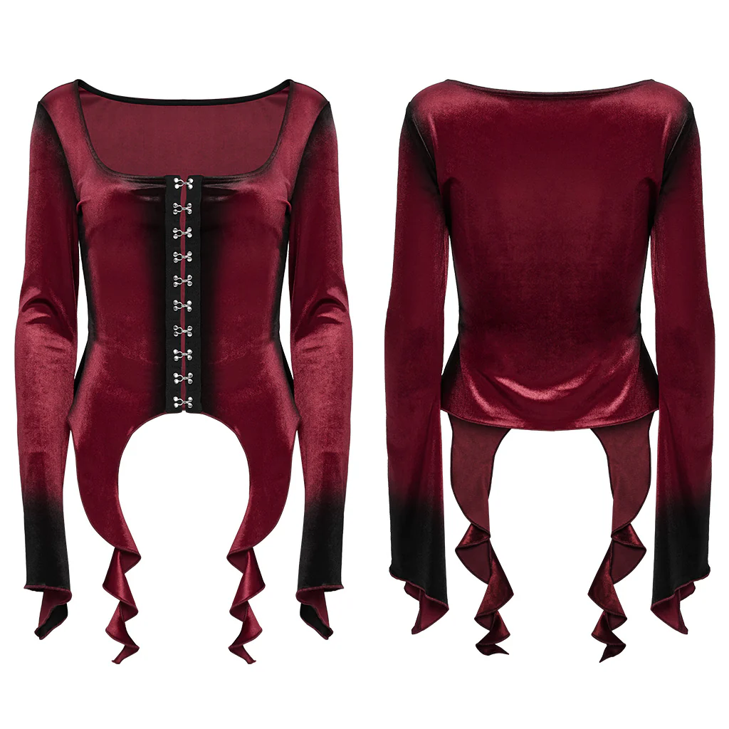 OT-949DQF Velvet Gothic Shirts Green Corset Style Long Sleeve Blouse - Image 36