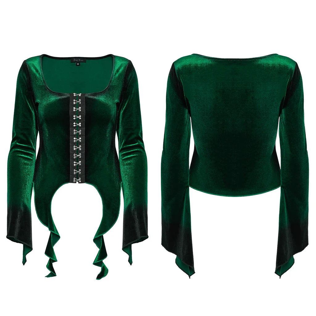 OT-949DQF Velvet Gothic Shirts Green Corset Style Long Sleeve Blouse - Image 64