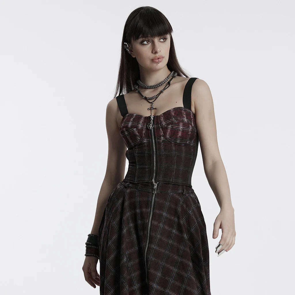 OT-950BXF Plaid Punk Vests Front Zipper Design Adjustable Straps Stylish Top - Image 3