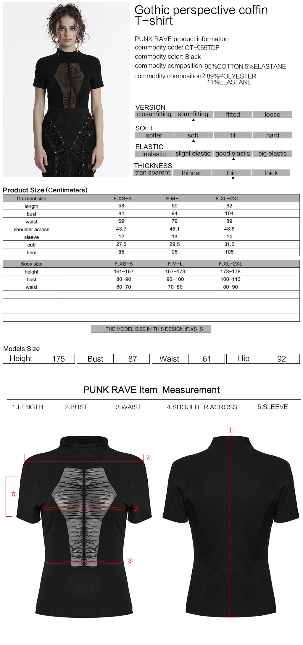 OT-955TDF Gothic T-Shirts Black Mesh Panel Lace-Up Design - Image 2