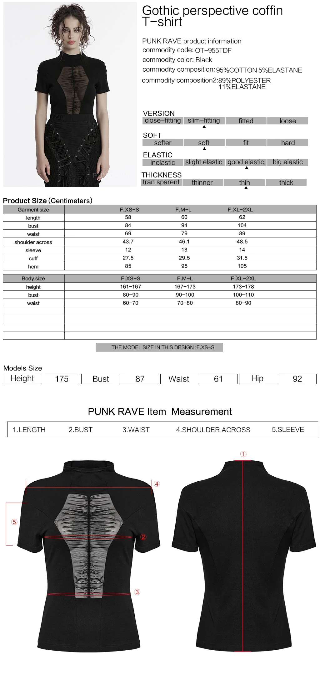 OT-955TDF Gothic T-Shirts Black Mesh Panel Lace-Up Design - Image 20