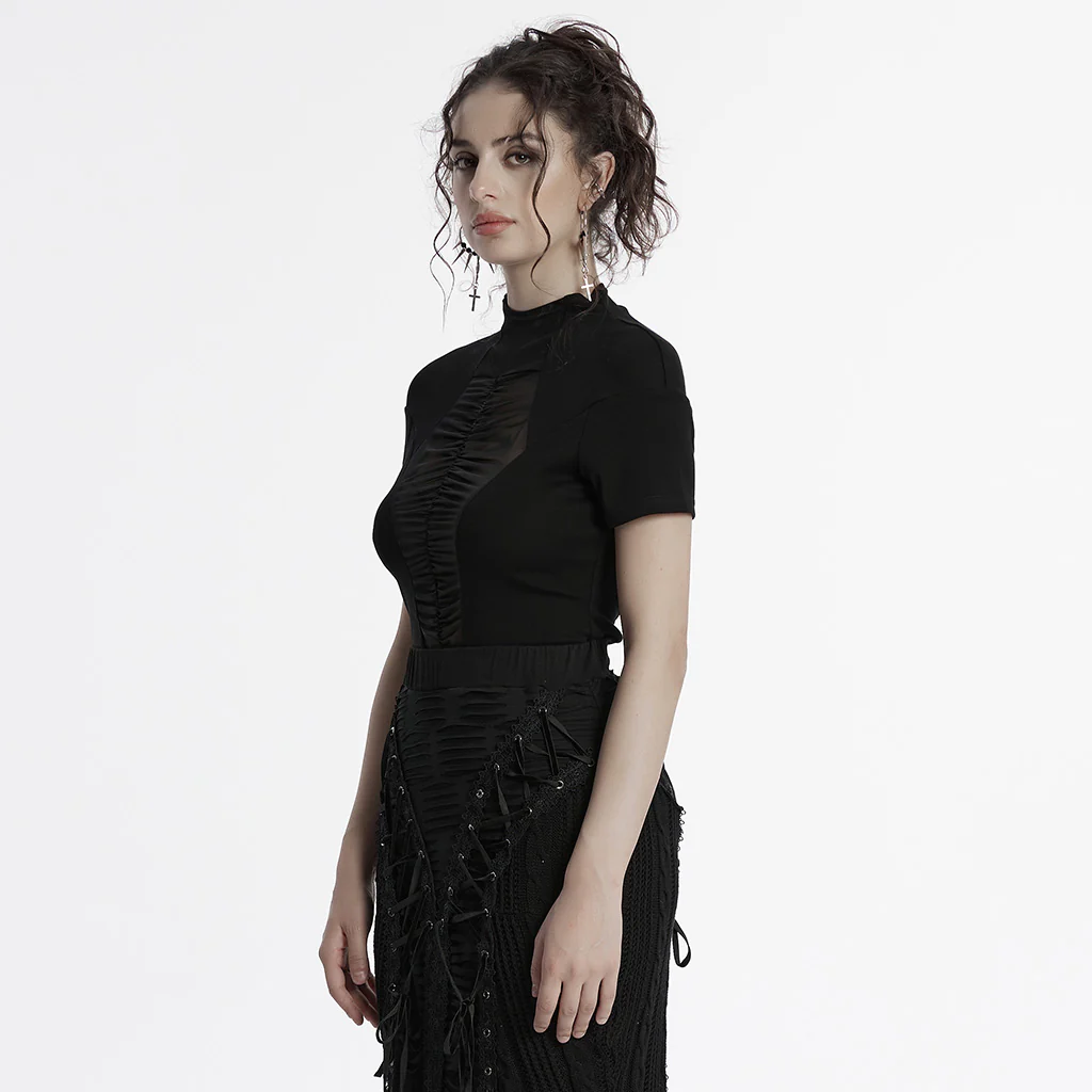 OT-955TDF Gothic T-Shirts Black Mesh Panel Lace-Up Design - Image 3