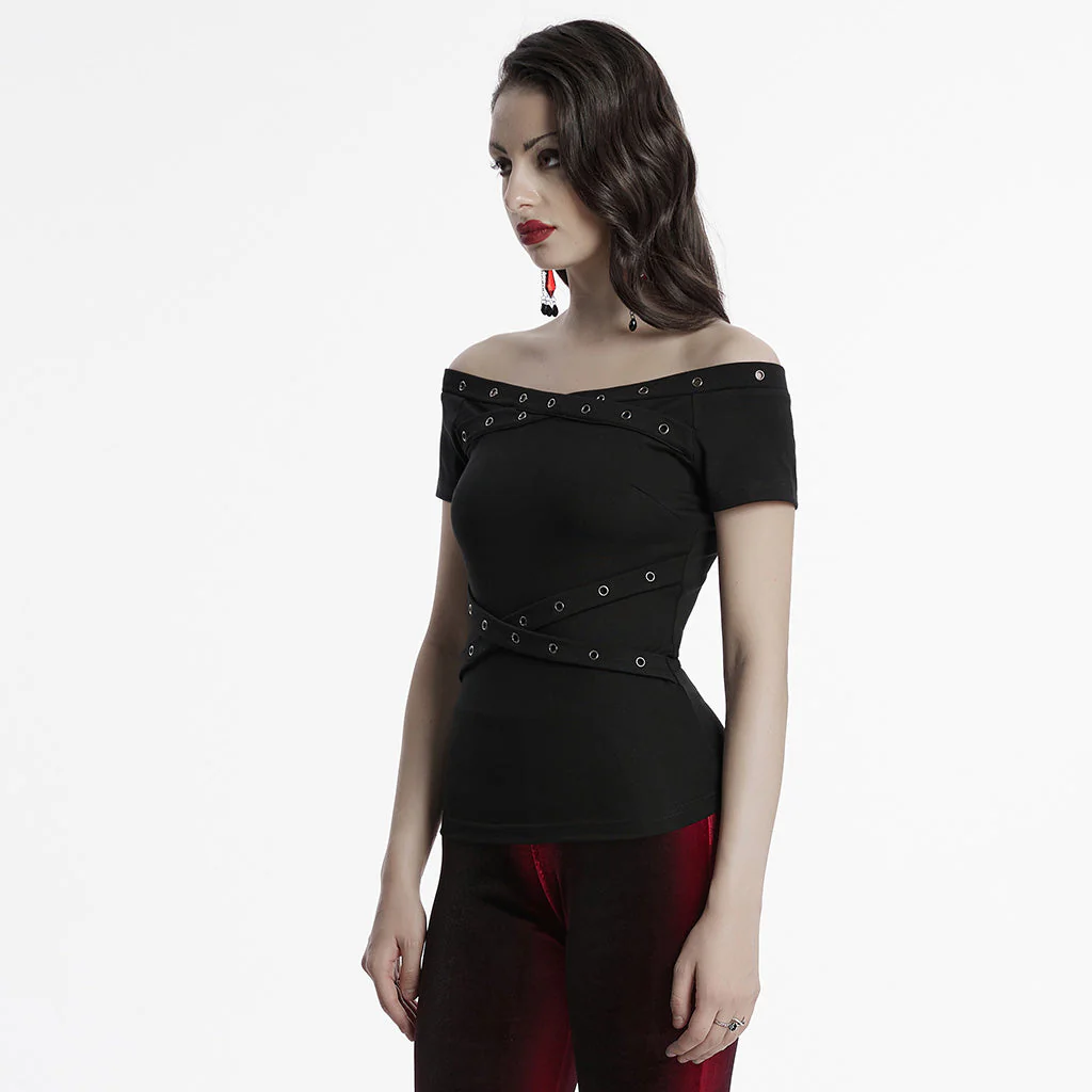 OT-967TDF Edgy Off-Shoulder Gothic T-Shirts with Eyelet Detailing - Image 12