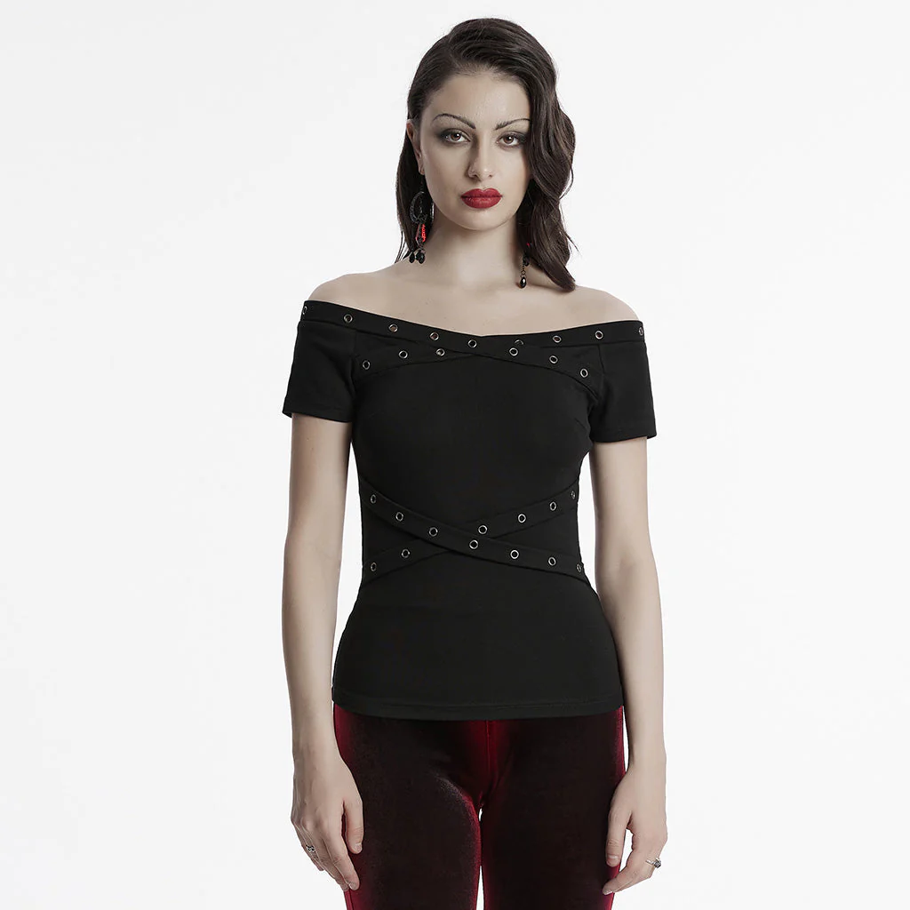 OT-967TDF Edgy Off-Shoulder Gothic T-Shirts with Eyelet Detailing - Image 18
