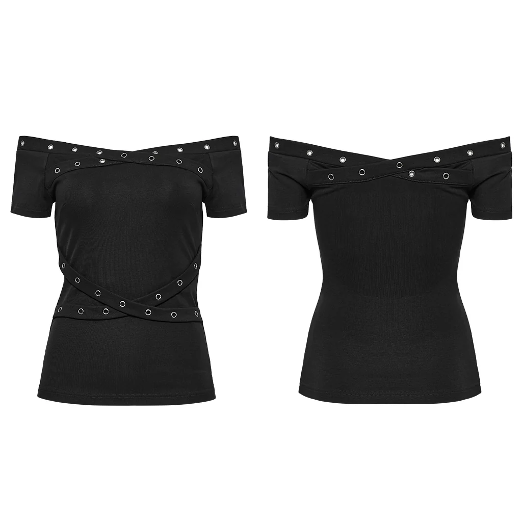 OT-967TDF Edgy Off-Shoulder Gothic T-Shirts with Eyelet Detailing - Image 6