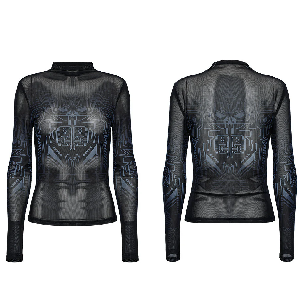 OT-969TCF Edgy Sheer Geometric Long Sleeve Punk T-Shirt Top - Image 16