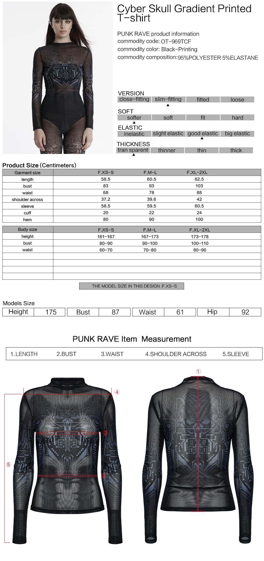 OT-969TCF Edgy Sheer Geometric Long Sleeve Punk T-Shirt Top - Image 2
