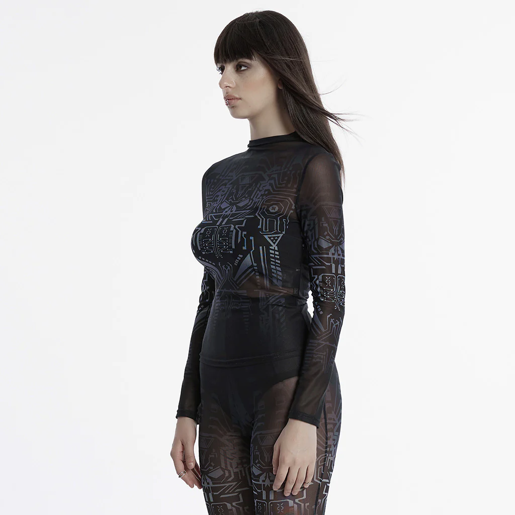 OT-969TCF Edgy Sheer Geometric Long Sleeve Punk T-Shirt Top - Image 3