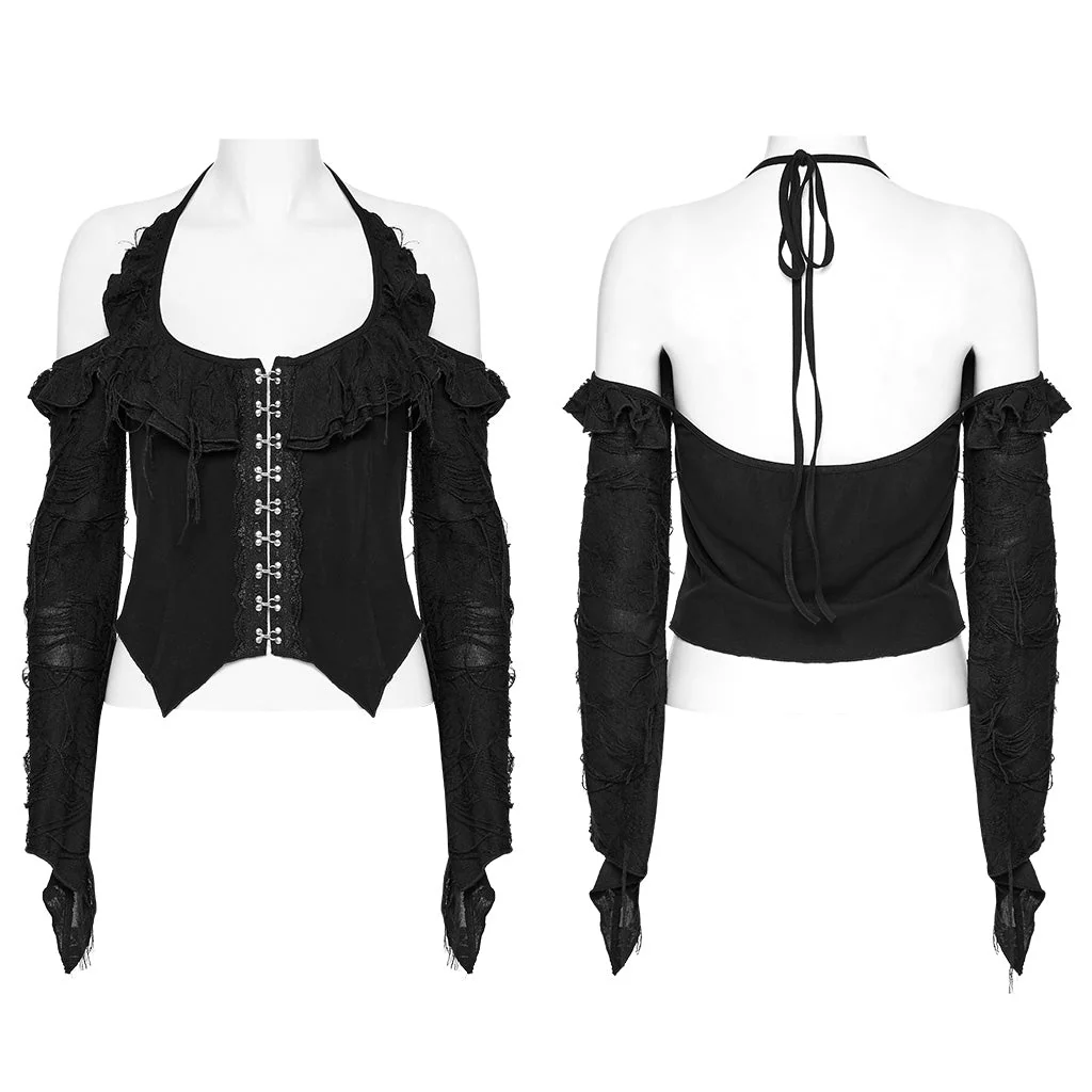 OT-970TCF Gothic Shirt Cold Shoulder Corset Style Lace Detail Top - Image 16