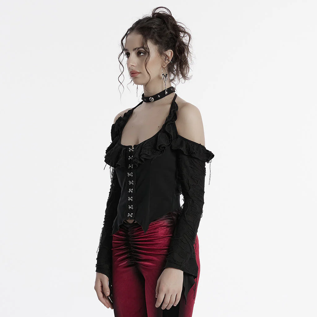 OT-970TCF Gothic Shirt Cold Shoulder Corset Style Lace Detail Top - Image 23