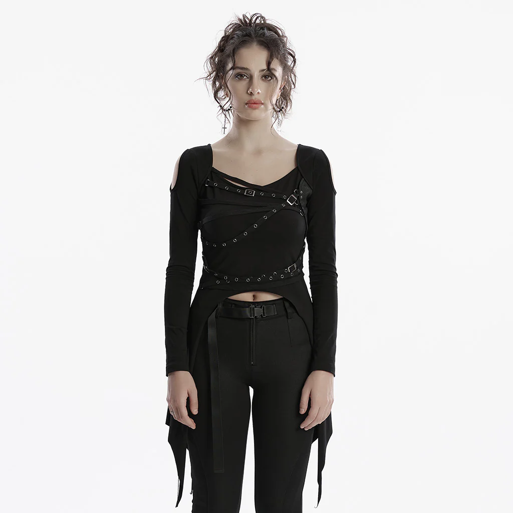 OT-971TCF Edgy Black Strapped Punk T-Shirts Long Sleeve Design